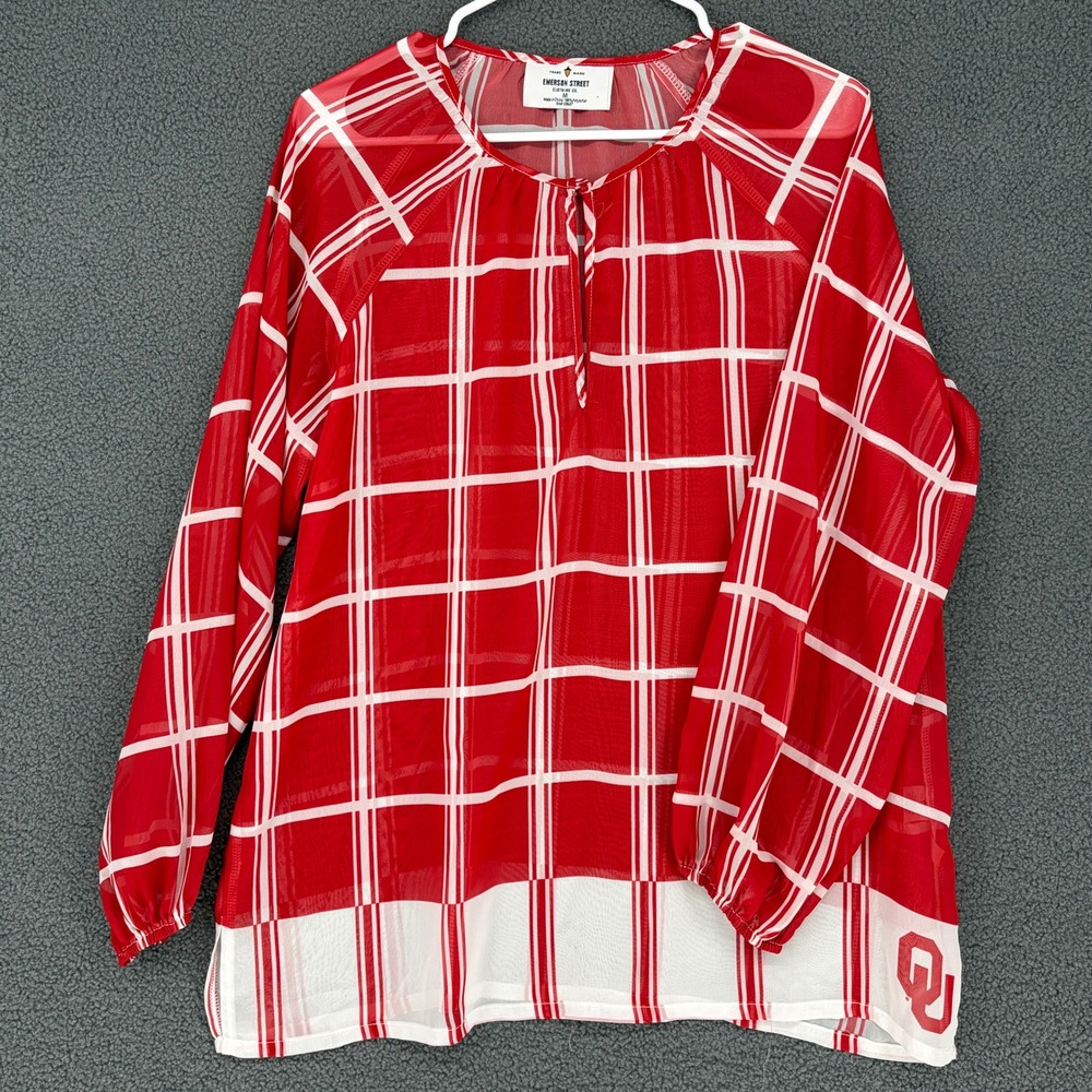 Emerson Street Oklahoma Sooners OU Red White Plaid Sheer Blouse Top Medium